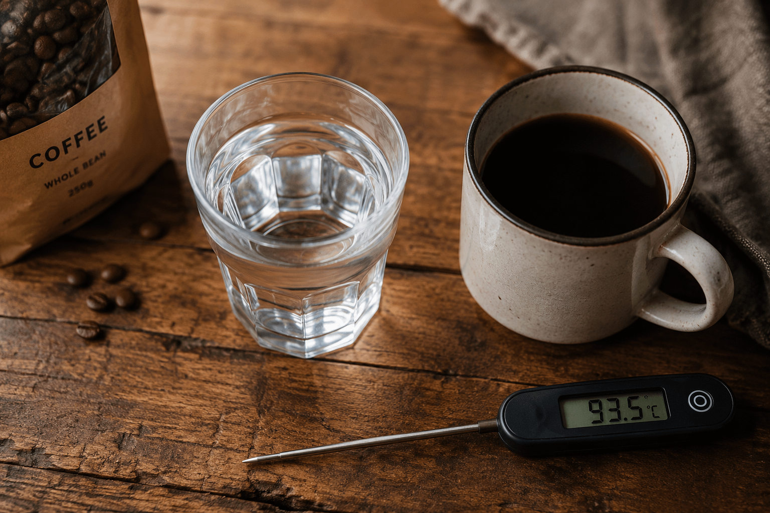 () editorial image showing a close-up overhead flat-lay of a glass of water next to a coffee mug, a kitchen thermometer, and