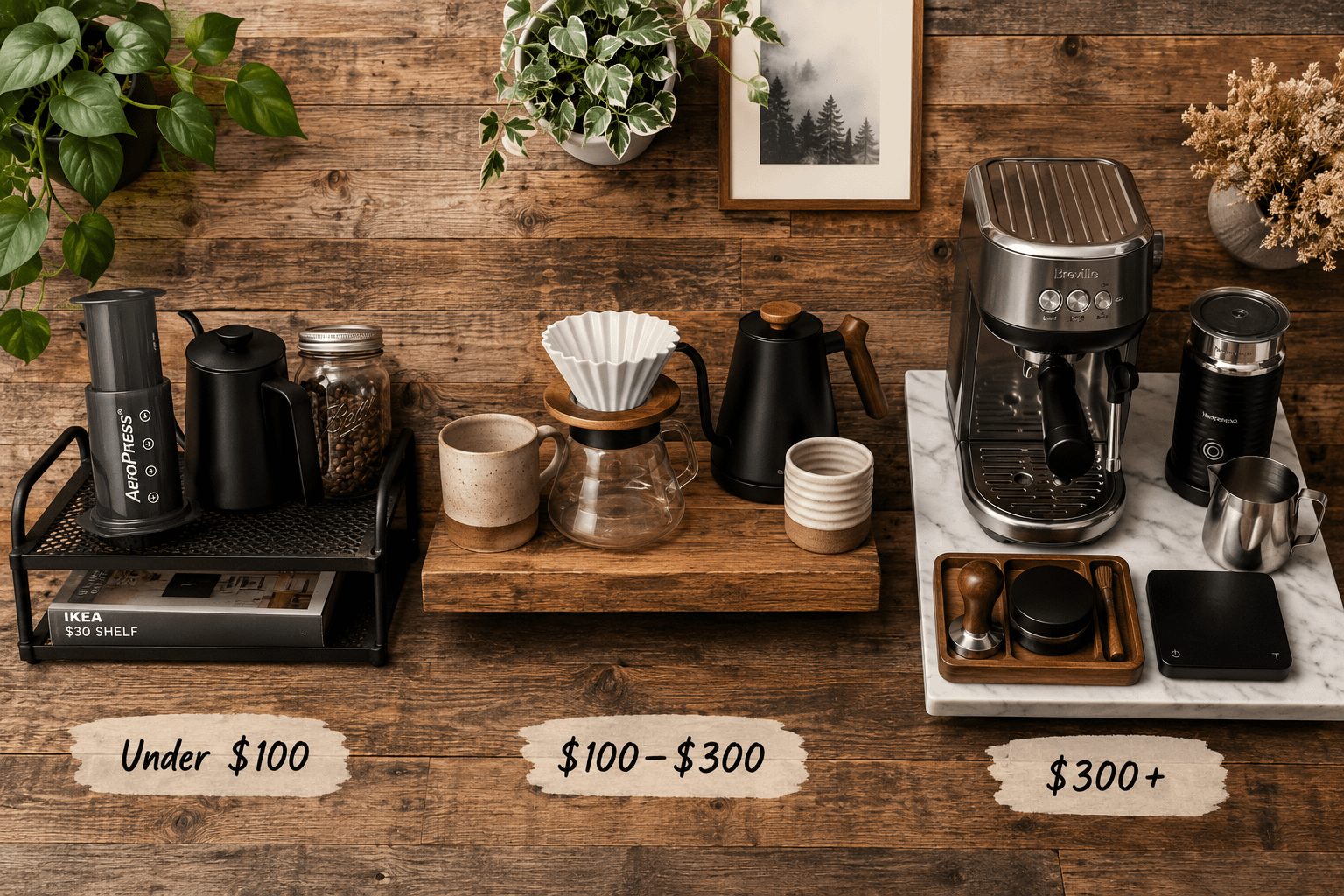 () flat-lay overhead shot of three distinct home office coffee bar setups arranged side by side on a rustic wooden surface: