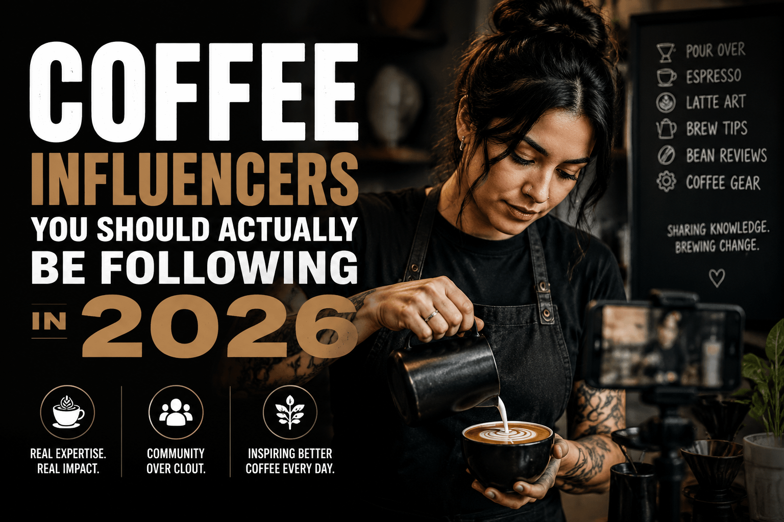 "Coffee Influencers You Should Actually Be Following in 2026". Modern design, , , aesthetic. Background imagery relevant to:
