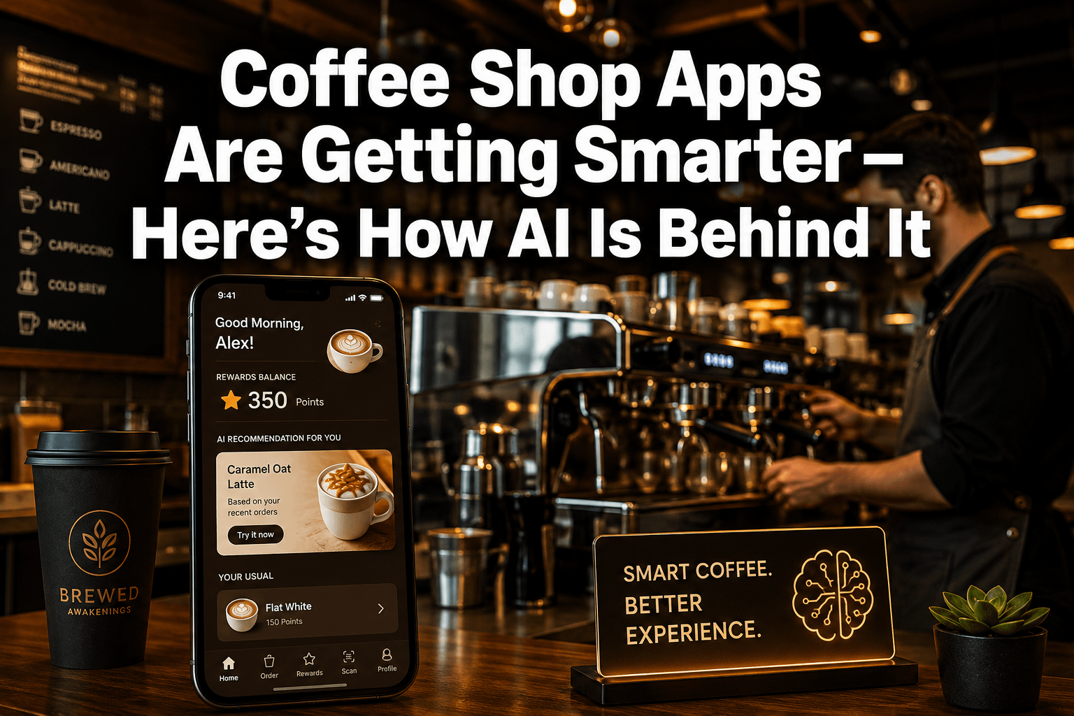 Professional () hero image with : 'Coffee Shop Apps Are Getting Smarter — Here's How AI Is Behind It' in extra large white