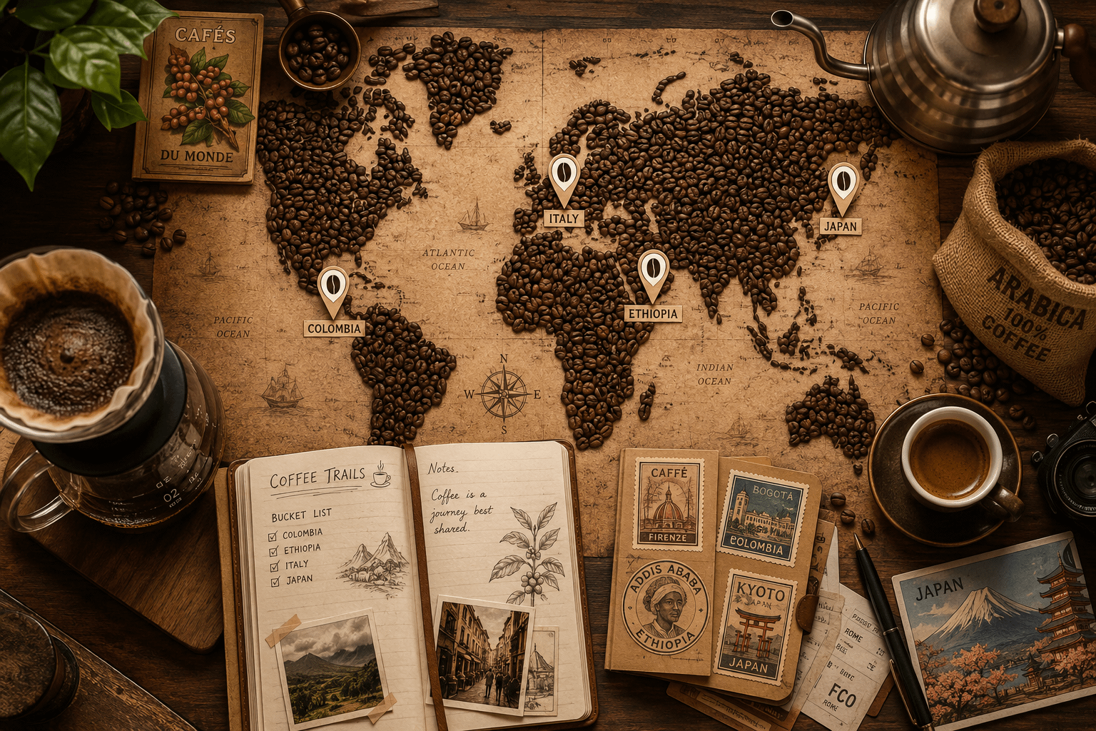 () editorial illustration showing a world map made of coffee beans and brewing equipment, with highlighted coffee